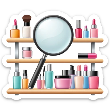 magnifying glass over beauty product shelf, searching for last item sticker