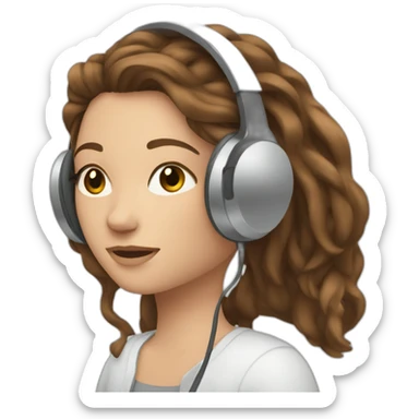 young white woman, brown hair with reflections wearing headphones and editing in computer sticker
