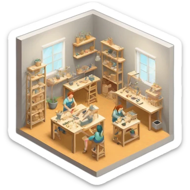 isometric square transparent solid outline border containing indoor creative workshop handmade factory people actively working sticker