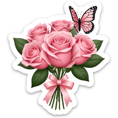 "A bouquet of Blush Red roses tied with a flowing Rose Quartz silk ribbon, exuding soft elegance. A delicate Carnation Pink butterfly rests gently on the petals, adding a whimsical touch." sticker
