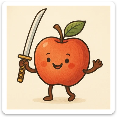 an apple with a katana sword, friendly, inviting illustration style sticker