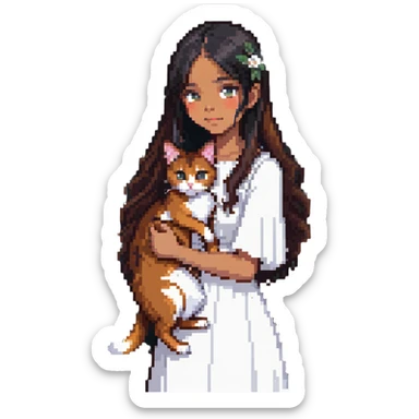 beautiful girl with long black hair wearing a white dress holding an Abyssinian cat with reddish-brown fur in her arms sticker