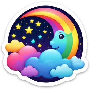 Neon rainbow colored damask style full moon with stars and clouds sticker