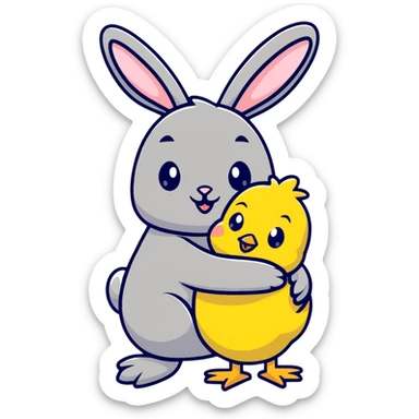 Adorable easter bunny hugging a small yellow chick sticker