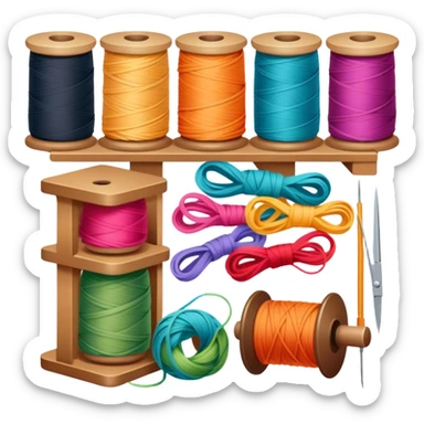 Weaving icon, spools of yarn, fabric swatches, sewing patterns, and finished clothes, minimalistic style, clean lines, transparent background. sticker
