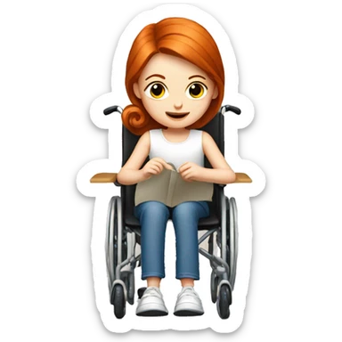 Young redhead girl in a wheelchair sewing  sticker