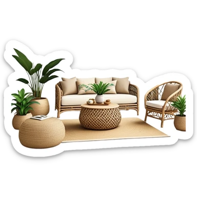 modern boho living room with many indoor plants, rattan furniture, white walls, and natural light sticker