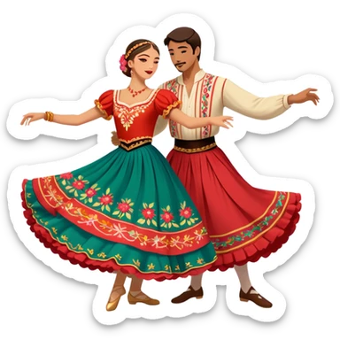 Cinematic Realistic scene of two dancers performing the Tarantella, dressed in vibrant, flowing traditional costumes with detailed embroidery and dynamic skirts, captured in festive motion with warm, lively lighting sticker