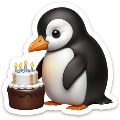 A penguin standing near a cake, feeling shy from a surprise celebration, portrait, bust up sticker