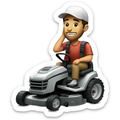 Brunette man with a baseball hat mowing the lawn talking on the phone sticker