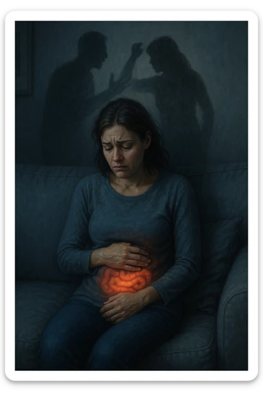Donna sui 30 anni seduta su un divano, con una mano sull’addome e un'espressione visibilmente provata e triste. Intorno a lei, l’atmosfera è opaca e pesante, con toni freddi. Un’ombra simbolica dietro di lei rappresenta un evento stressante recente (es. un litigio o una perdita). Sul corpo, un lieve bagliore localizzato nella zona intestinale, a simboleggiare il dolore e l'infiammazione. Ambiente domestico, luci basse, emozione visibile. Stile realistico o metaforico con elementi emozionali e viscerali. sticker