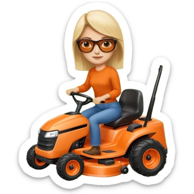 White woman on orange ride on lawn mower cutting lawn sticker