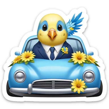 cute budgie on a car in a suit with flowers  sticker