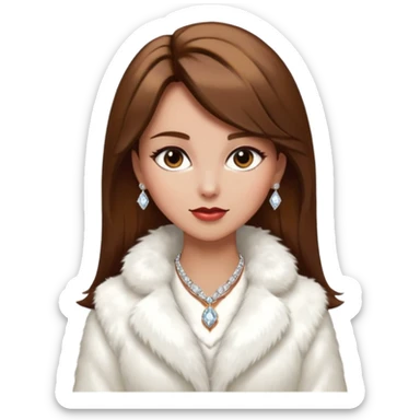 * Character: A stylish lady,brown hair
* ﻿﻿Clothing: A luxurious white fur coat
* ﻿﻿Accessories: A dazzling diamond necklace
* ﻿﻿Expression: Confident, elegant, maybe slightly glamorous
* ﻿﻿Pose: Head slightly tilted or a poised posture
* ﻿﻿Style: Emoji-like, simple but expressive sticker