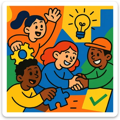 teamwork, vibrant cartoon style, colorful, dynamic, friendly characters collaborating sticker