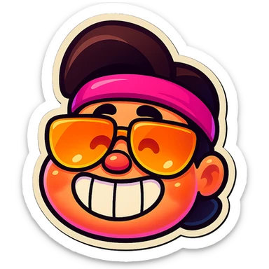 Create a cute and expressive emoji of the Brawl Stars character with a big smile, sunglasses, and pink headband. Keep the character's joyful expression and style, with a simple or transparent background. Use the retro stickers style for a vibrant and playful look. sticker