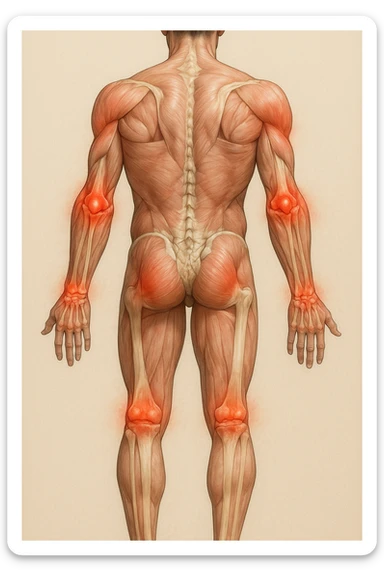 Create a series of 5 vertical images of a man (reference photo) with widespread joint pain, highlighting inflammation with an anatomical view. Show red zones on the joints, medical style, anatomical details, hyperrealism, variation 5. sticker