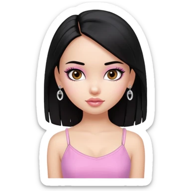 generate a pretty bratz girl with a pink cami top, straight black hair, silver jhumkas on sticker