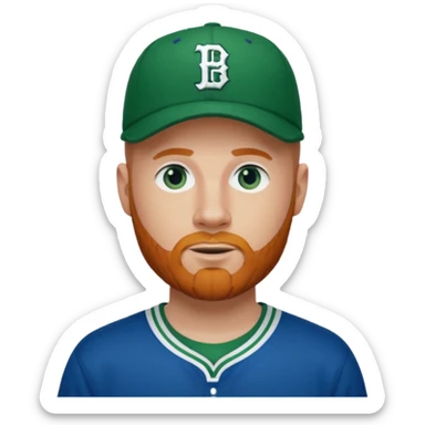 Bald white man with ginger beard, blue eyes in Tatum Celtics jersey and Celtics baseball cap sticker