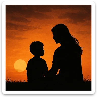Silhouette of a mother and son watching the sunset together, serene and artistic sticker