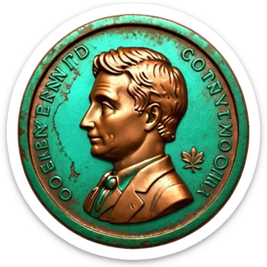 3D render of Old Penny, heavily oxidized copper texture, verdigris patina, Brown coin turning green on edges, weathered bronze aesthetic, ancient decay, Apple emoji style, isolated on white background --v 6.0. sticker