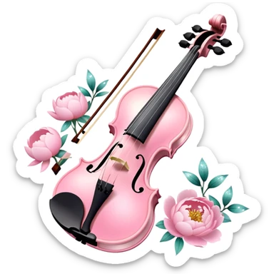 Iridescent soft pastel pink roamin romantic violin with peonies and glitter sticker