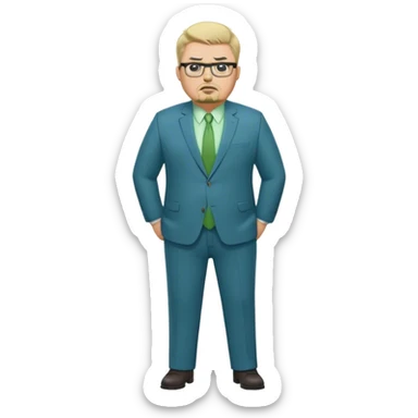 Full Body white male plus size wearing glasses with a goatee with lihu blonde and gray very short hair angry head Coach in blue and green suit sticker