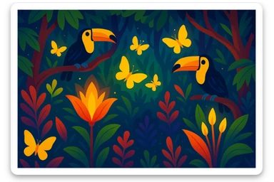 Add glowing yellow butterflies flying among the plants and animals in the magical Colombian rainforest in a vibrant toon style. sticker