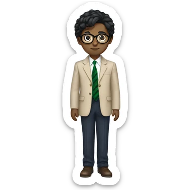Hair: Messy, medium-length black hair covering the ears and forehead. Outfit: A formal school uniform featuring a white shirt with an open collar, a green striped tie, a navy sweater underneath, and a beige blazer on top. Skin color white. Glasses sticker