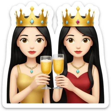Two queens with long black hair and blonde drink sticker
