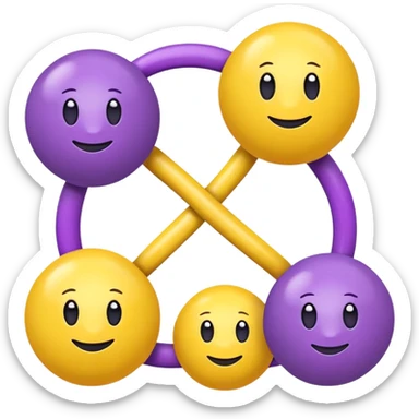 five yellow balls connected by links to a central purple ball, arranged around the purple ball, simple emoji style, simple design sticker