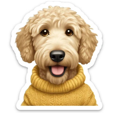 Golden doodle with a sweater sticker