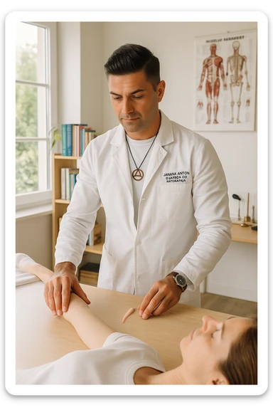 a middle-aged man, dressed in casual professional attire, is in a bright, organized therapy studio. Durante una visita di kinesiologia, il praticante tiene con una mano la foto di una persona lontana (il “testimone”) appoggiata su un tavolo, mentre con l’altra mano esegue un test muscolare su un cliente presente. Sullo sfondo si vedono libri di kinesiologia, poster anatomici e strumenti tipici della disciplina. L’atmosfera è concentrata e serena, con luce naturale che entra dalla finestra, sottolineando l’aspetto alternativo e umano della pratica. sticker