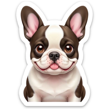 Cinematic Cute Pied French Bulldog Portrait Emoji, Head tilted with a sweet, mischievous grin and large, inviting eyes, featuring a unique pied fur of contrasting colors, simplified yet irresistibly endearing, highly detailed, glowing with a warm, playful radiance, high shine, exuding a quirky charm and affectionate personality, styled with a soft, lighthearted outline, capturing the essence of a cute Pied French Bulldog that looks ready to charm its way into your heart! sticker