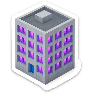 Russian panel apartment building, square block shape, light gray concrete, windows glowing with ultraviolet color, isometric view sticker