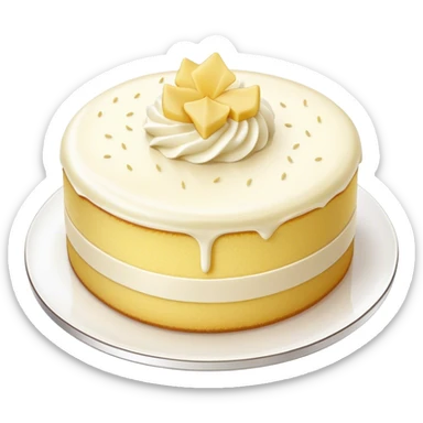 Cinematic Realistic Simple Vanilla Cake, a perfectly baked golden sponge with soft, airy layers, delicate vanilla frosting smoothly spread across the top, tiny flecks of vanilla bean visible, warm golden lighting creating depth, glowing with a sweet, irresistible charm. sticker
