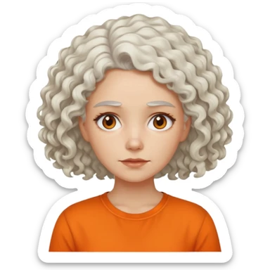 curly white  hair woman in orange shirt no smile sticker