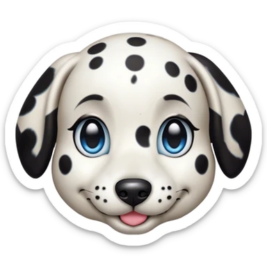 Cinematic Cute Harlequin Dalmatian Portrait Emoji, Head tilted playfully and inquisitively, featuring a glossy Fur of predominantly white with dynamic black patches, round, sparkling blue eyes filled with gentle curiosity, Simplified yet irresistibly adorable features, highly detailed, glowing with a warm, friendly glow, high shine, affectionate and gentle, stylized with a touch of whimsy, bright and endearing, soft glowing outline, capturing the essence of a mischievous yet loving pup, so playful it feels like it could lumber out of the screen and into your arms! sticker
