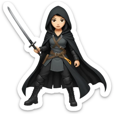 The character is a fierce, mysterious female warrior with long black hair that flows down to her navel. She wears a black hooded cloak, tactical black clothing, and black combat boots. She holds a katana in one hand. Her expression is confident and shadowed beneath the hood.  sticker