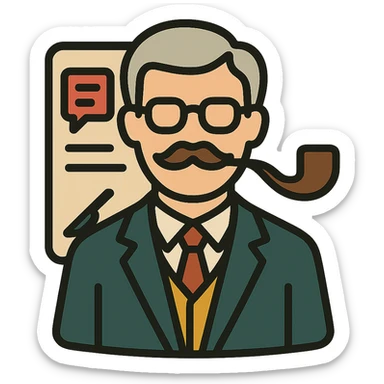 minimalistic icon of a refined scholarly professor with glasses, pipe, elegant suit, exuding intellectual authority and respect, atop a sleek document background with subtle AI messaging interface cues, scalpel motif subtly integrated, vintage European university color palette, evokes technical precision and scholarly elegance sticker