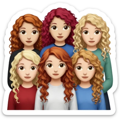 5 girls. The 1st girl has curly read hair. The 2nd girl has dyed blonde hair with brunette roots and she had mid-length hair that is wavy. The 3rd girl has long wavy brunette hair. The 4th girl has mid-length straight brunette hair. The 5th girl has black hair that is mid-length and wavy. sticker