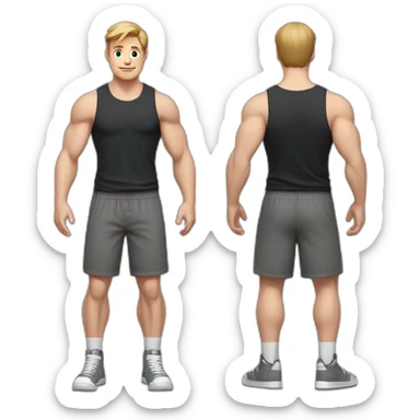 Full height Actively gesturing with hands Pale skinned Fit Man With the biceps and light brown hair with Bristle in dark gray Sleeveless Mike, black oversize sports shorts and white Sneakers sticker