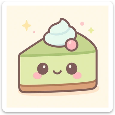 a cute matcha cheesecake slice with a smiling face, kawaii style, pastel colors sticker