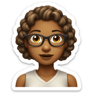 Menina com cabelo ondulado longo , vestindo uma blusa vermelha, com a cor da pele não tão clara, de olhos castanho e óculos  sticker