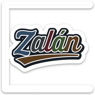Text image of the name 'Zalán' in a masculine, modern font with gradient colors (blue, gray, burgundy, green, brown), precise Hungarian characters, dark contour, extra thick, prominent white letter border, dynamic slanted underline, 1000x1000 px, PNG, transparent background. sticker