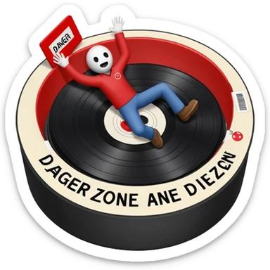 A stick figure falling into a pit full of vinyl records, like a 'Danger Zone' sign sticker