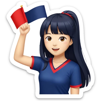 East Asian woman with long black straight hair and bangs wearing Doosan Bears team colors navy blue and red, cheering sticker