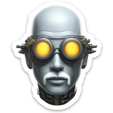 Bald cyborg head with silver steampunk goggles, white beard and circuits sticker