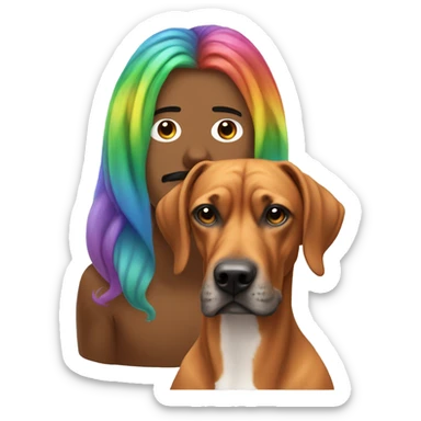 white man with long rainbow colored hair and twisted mustache next to a brown rhodesian ridgeback sticker