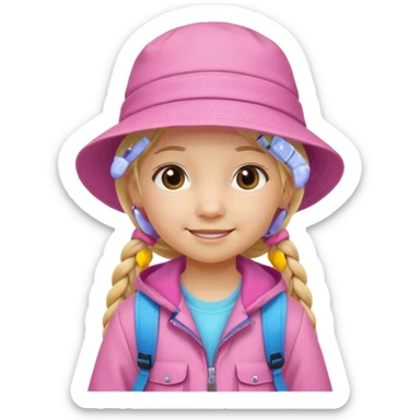 Little girl kid student, long braid blonde, wears pink bucket hat and jacket, backpack, happy sticker